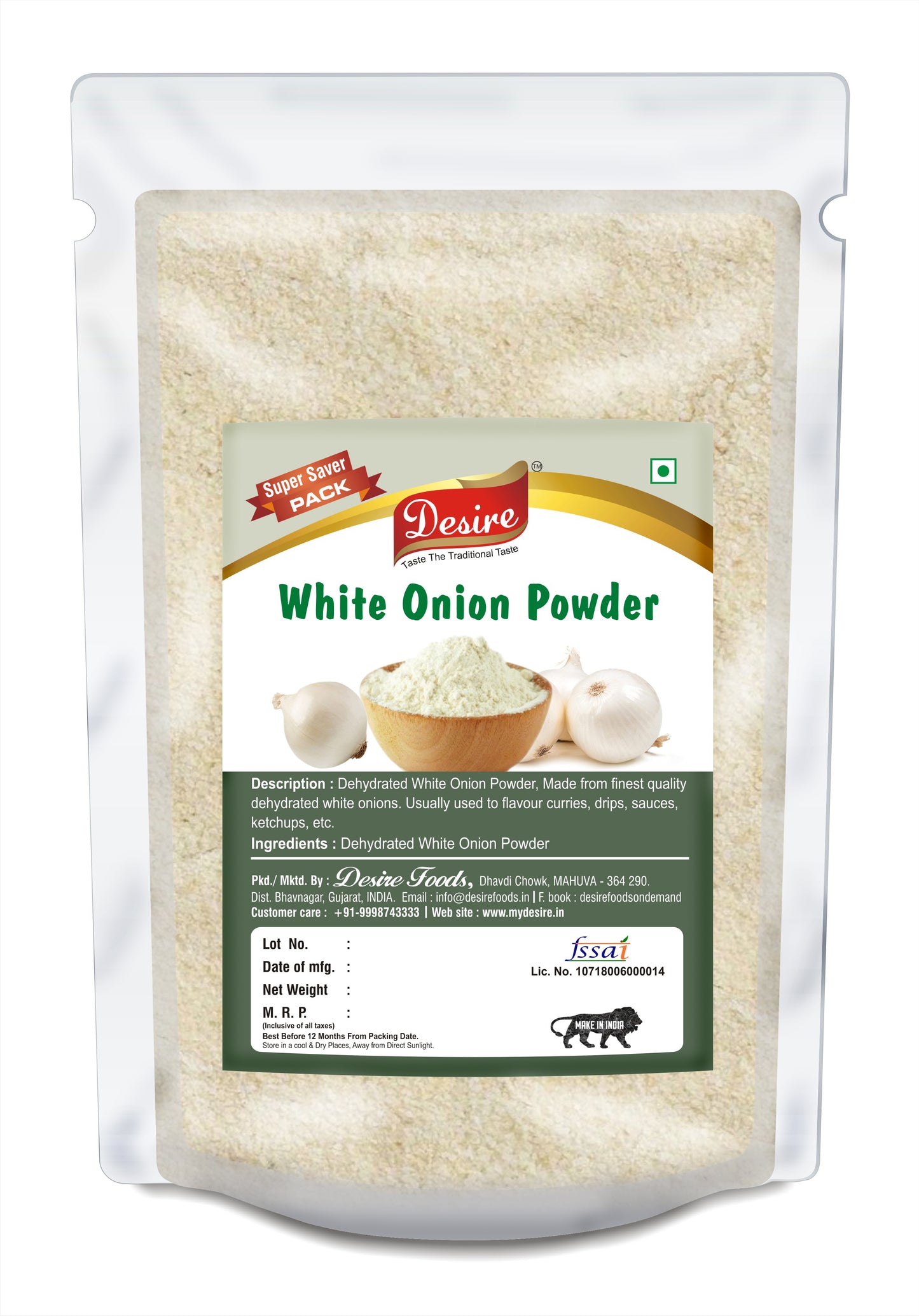 Desire White Onion Powder 500 Gram |Good Quality, Pure & Natural White Onion Seasoning | Ideal for Cooking, Soups, and Sauces | No Added Preservatives