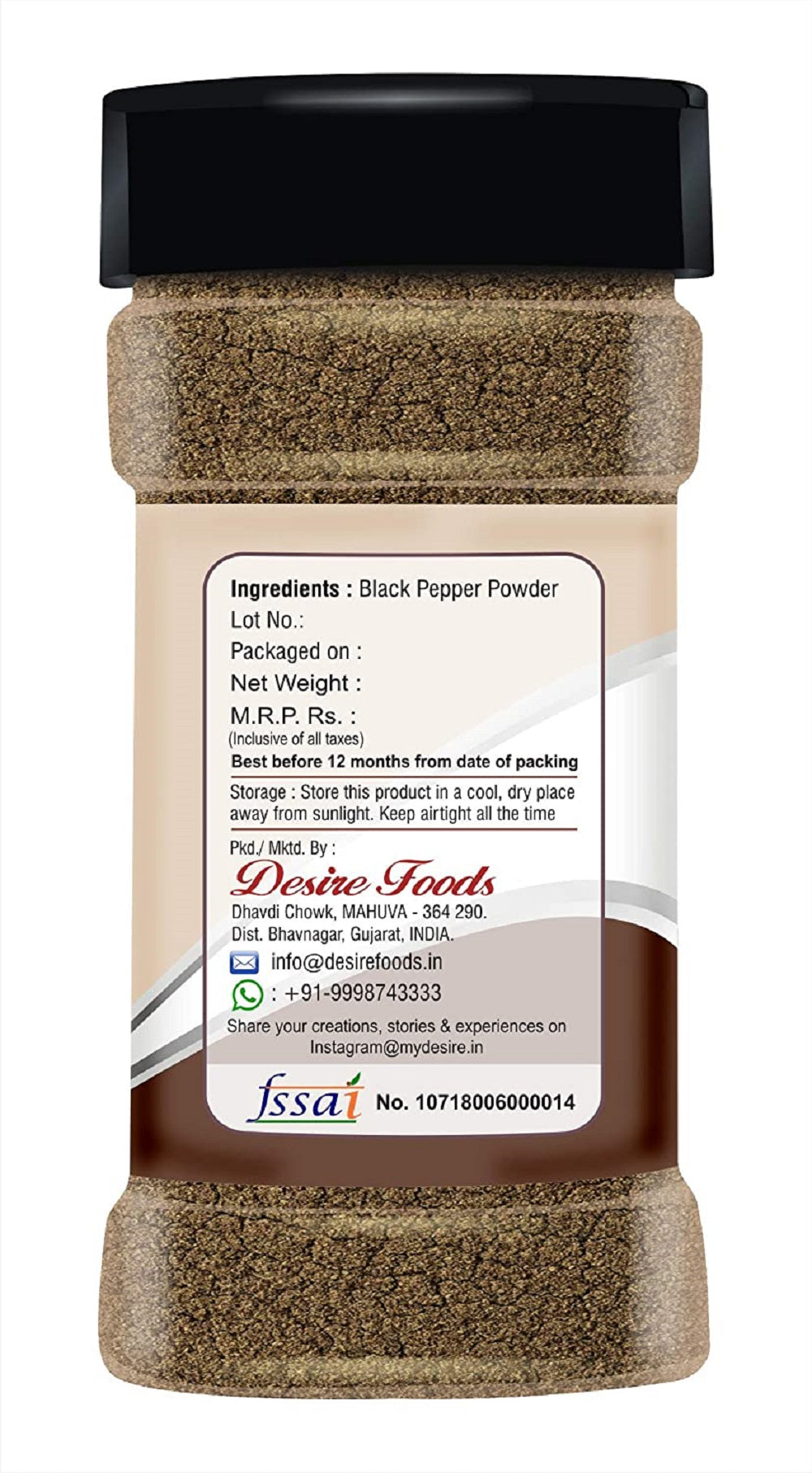 Desire Malabar Black Pepper Powder 200 Gram (Farm Fresh Idukki, Natural)
