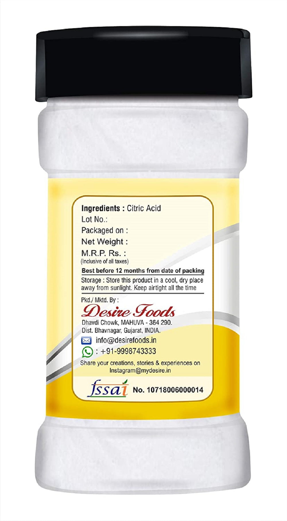 Desire Pure Citric Acid Crystals 100 Grams (Pure Citric Acid Powder for Cleaning - Food Grade, Nimbu Sat - Multiple Uses for Home and Kitchen - Natural Preservative and Flavoring Agent)