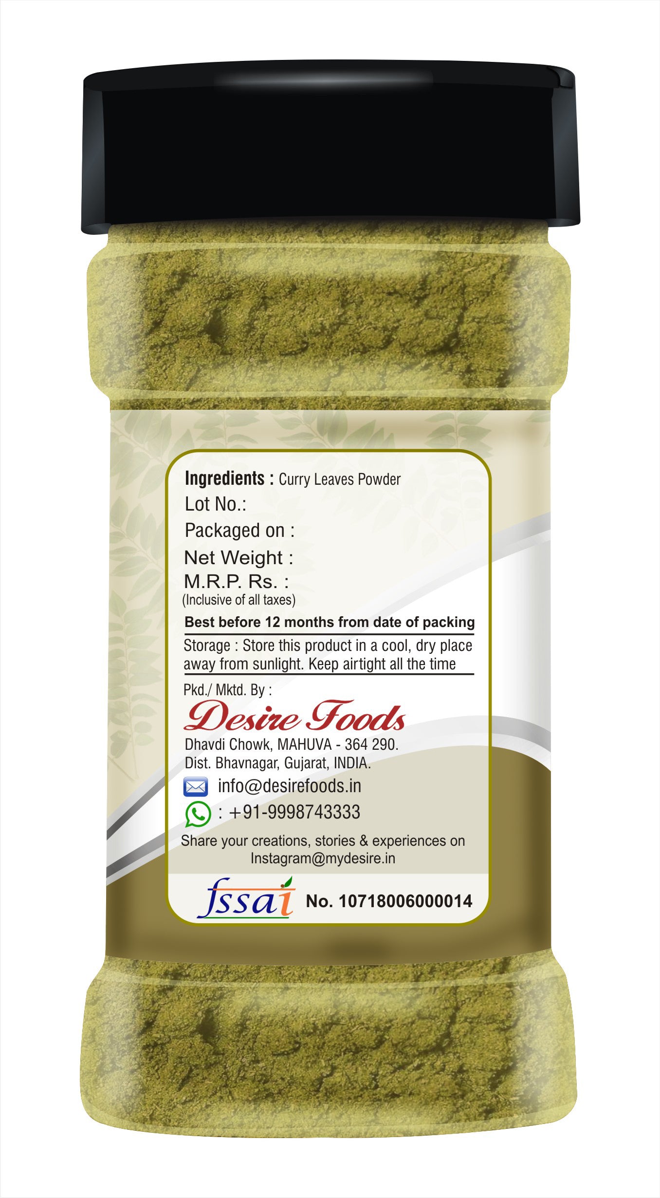Desire Curry Leaf Powder 80 Gram | Dried Kadi Patta Powder | Pure & Natural Spice for Authentic Indian Recipes