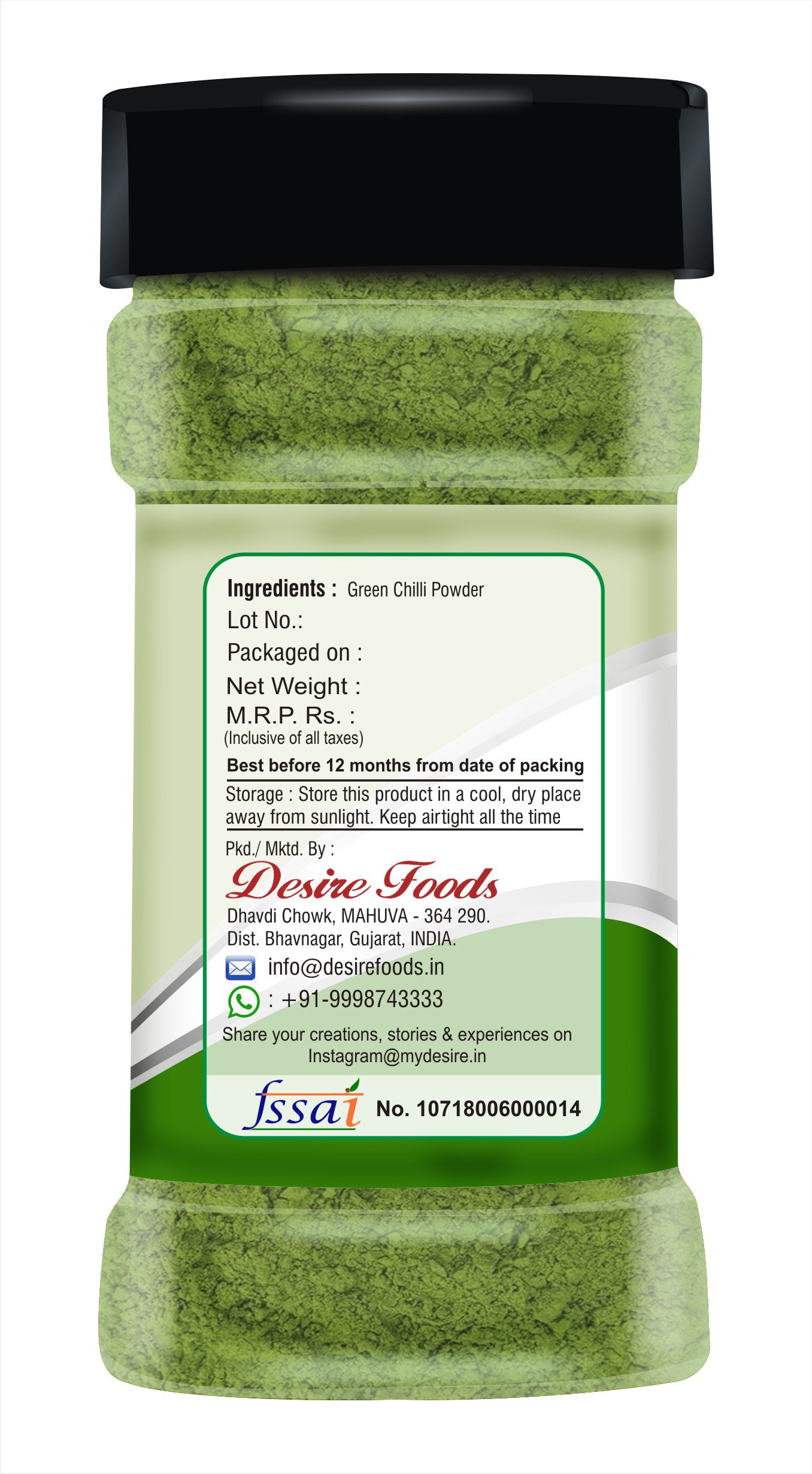 Desire Green Chilli Powder | Hari Mirchi Powder | 200g | Spicy & Aromatic Seasoning for Cooking