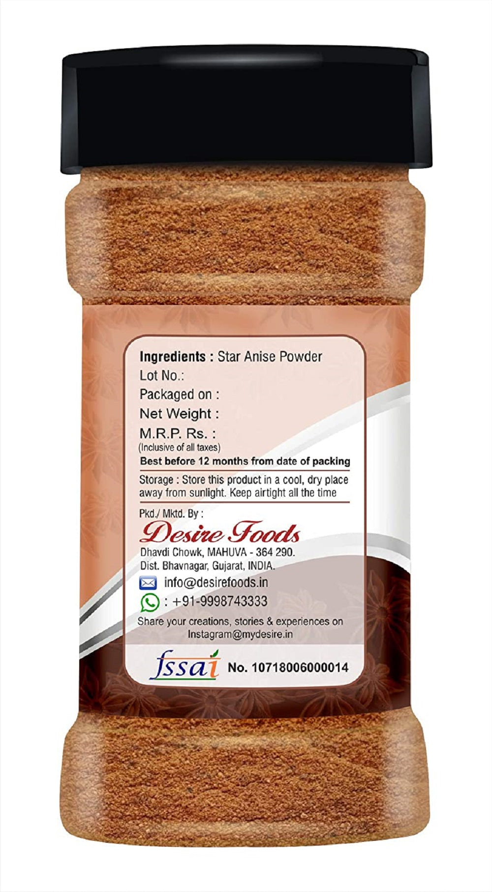 Desire Star Anise Powder Jar, 80 Gram [Chakri Phool Powdered, Badiyan Powder]